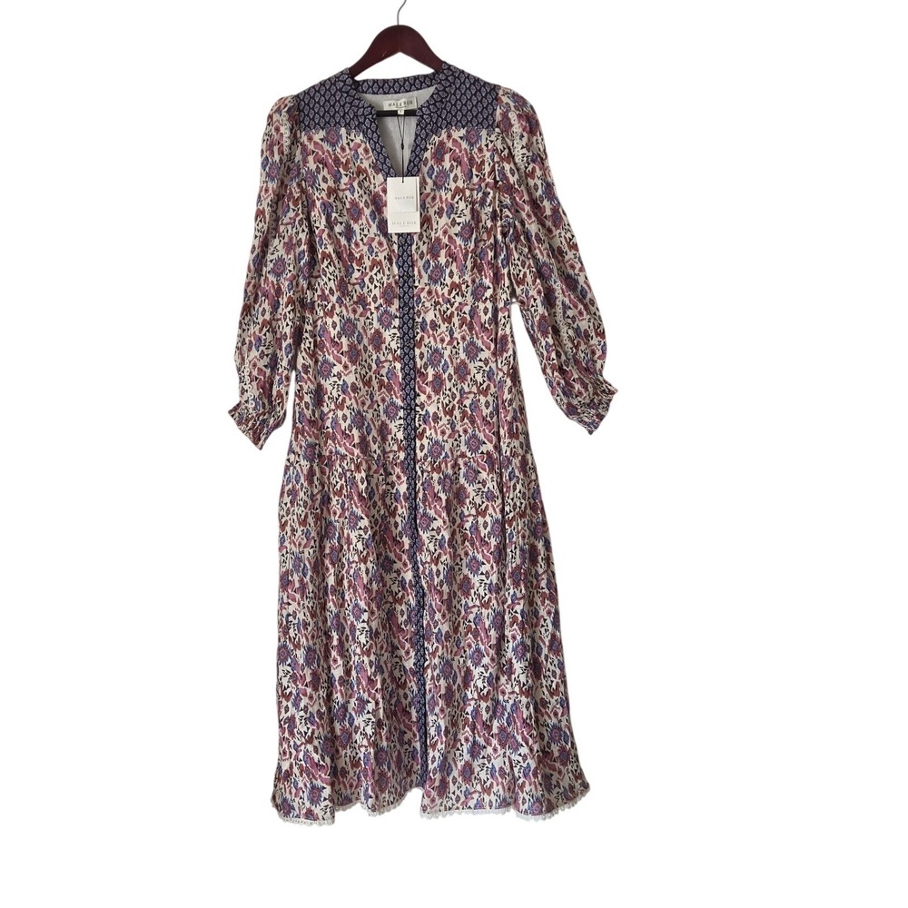 Hale Bob Phaedra Linen Midi Dress Sz L Ivory Floral Cottagecore Boho Western NWT